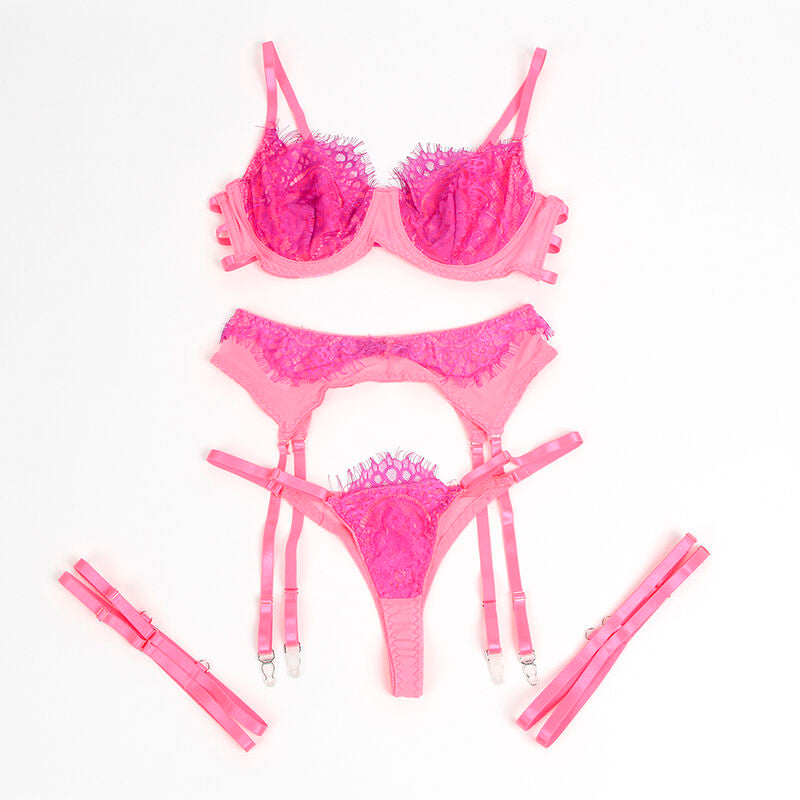 SUBBLIME - 955366 BH-SET MIT SPITZE UND STRUMPFBAND ROSA UND LILA L/XL